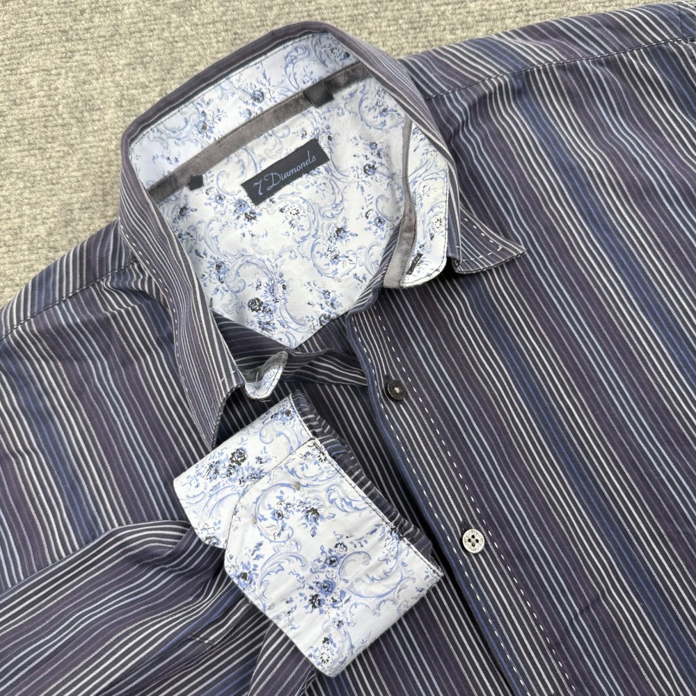 7 Diamonds Mens Dress Shirt Blue White Stripe Pattern Floral Flip Cuff XXL‎
